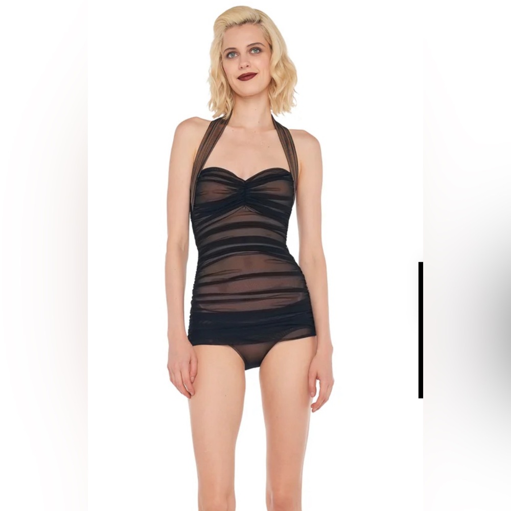 Norma Kamali Bill Mio Mesh Sheer Ruched Swimsuit Black Nude NWT Medium